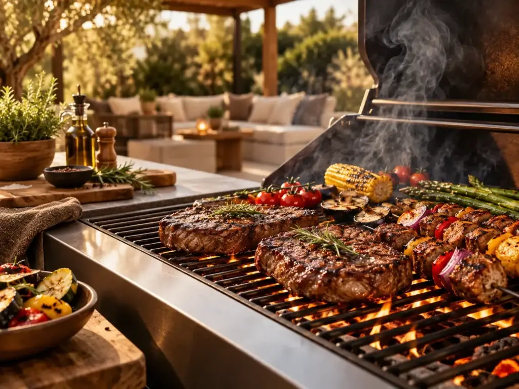 BBQ Expert barbecue met gegrild vlees, groenten en rook tijdens het buitenkoken
