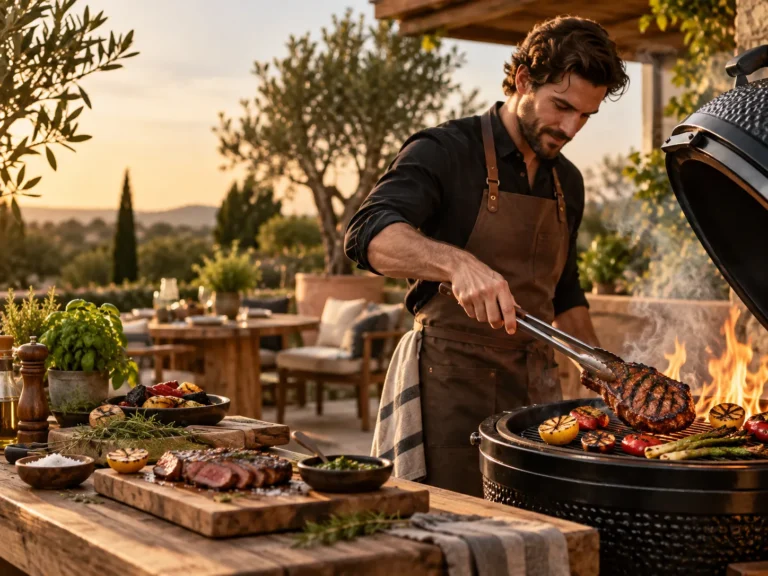 BBQ Expert grillmaster bereidt vlees en groenten op een barbecue in een sfeervolle buitenkeuken