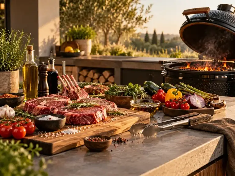 BBQ Expert voorbereiding met vlees, groenten, kruiden en grillaccessoires voor buiten koken