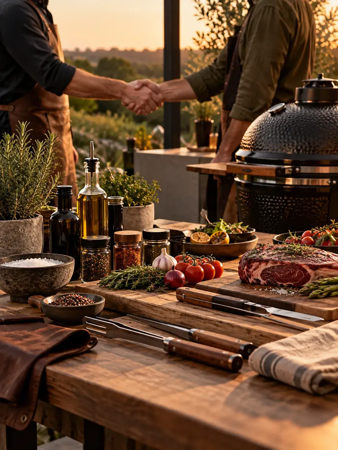 BBQ Expert partners werken samen aan barbecue, grillen en buitenkoken met verse ingrediënten en professionele tools