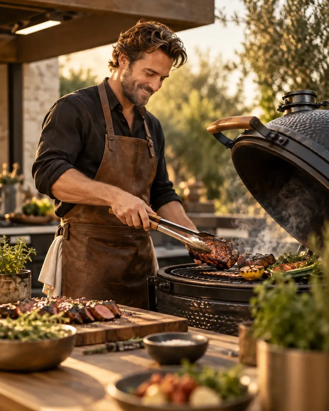 BBQ Expert chef bereidt gegrild vlees op een barbecue in een warme setting voor buitenkoken en grillen