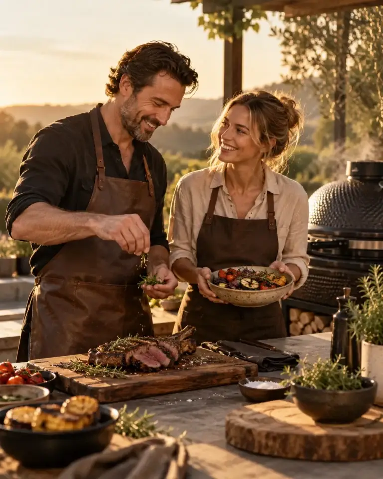 BBQ Expert laat een sfeervol moment zien van barbecue, buitenkoken en grillen met gegrild vlees en verse ingrediënten