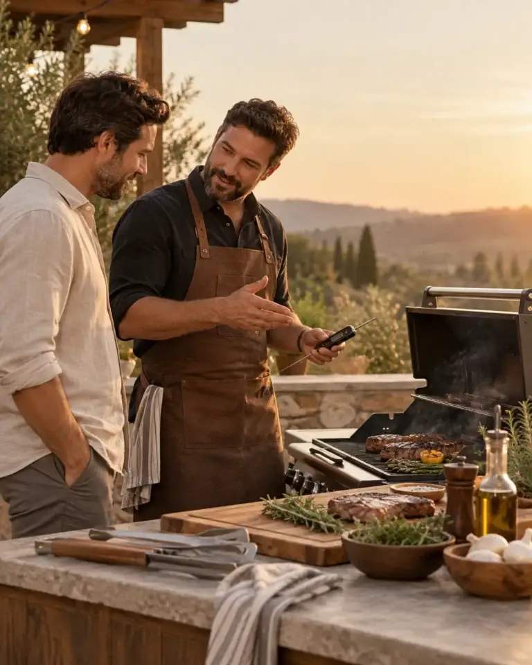 BBQ Expert geeft uitleg over barbecue, buitenkoken en grillen tijdens een gesprek bij de barbecue