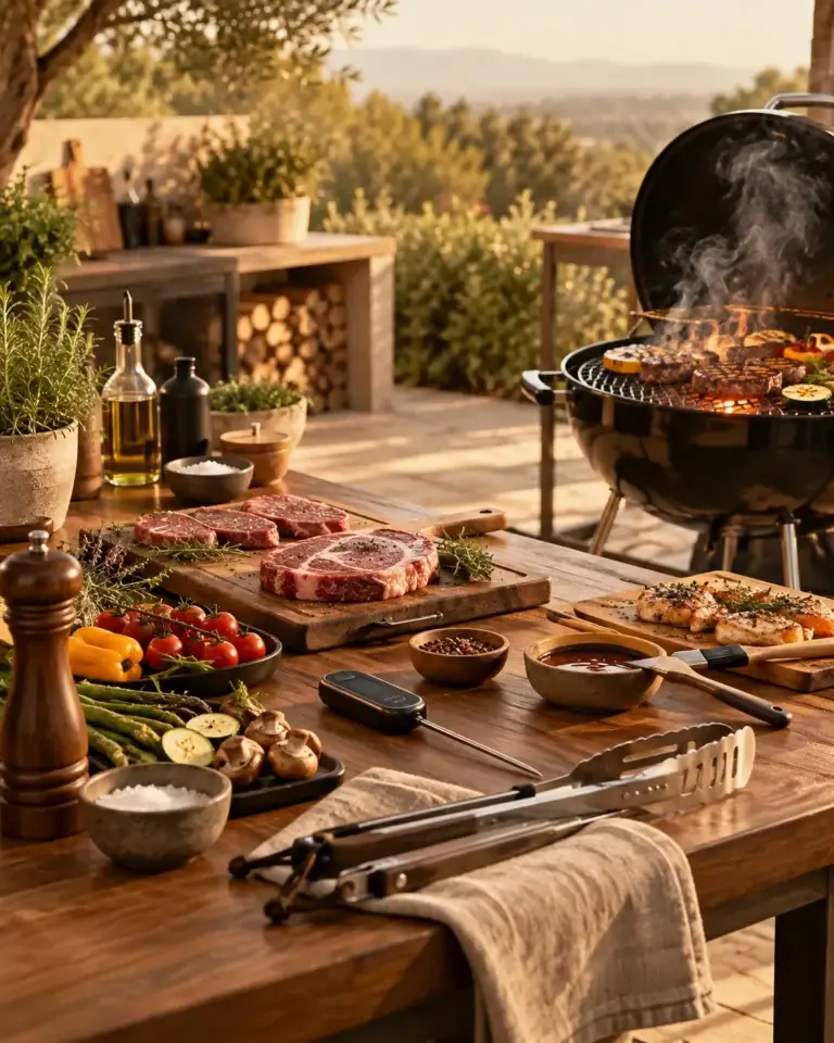 BBQ Expert toont een barbecue-opstelling met vlees, groenten en grillaccessoires voor vragen over buitenkoken en grillen