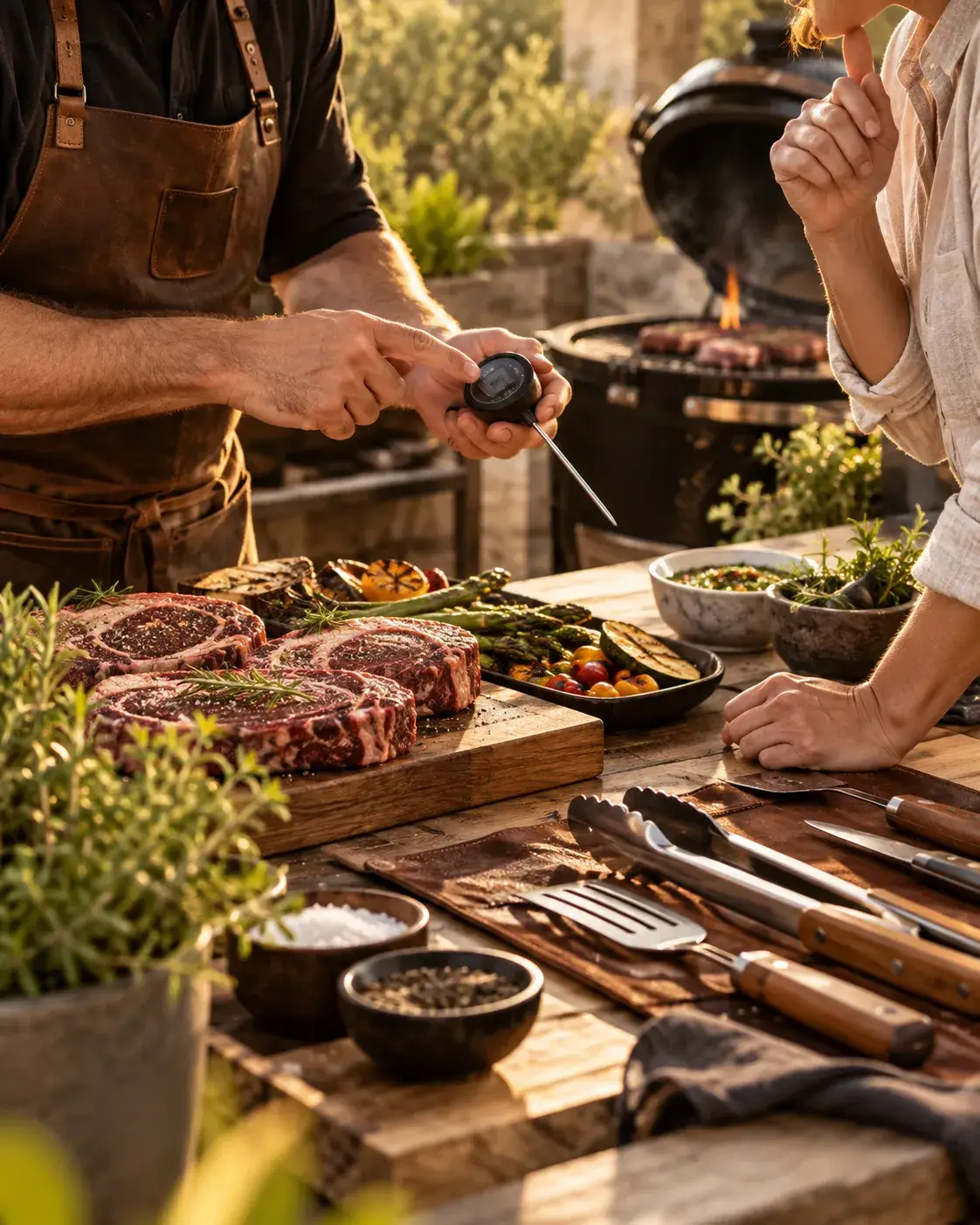 BBQ Expert geeft uitleg over barbecue, grillen en bereidingstechnieken met vlees en grillaccessoires op tafel