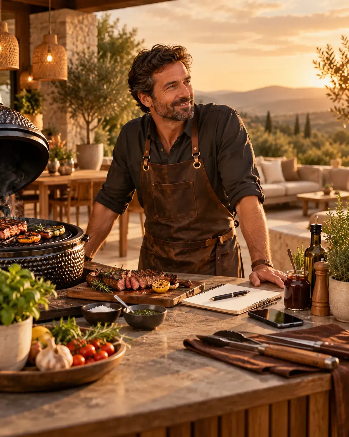 BBQ Expert specialist bij de barbecue in een sfeervolle buitenruimte voor vragen over buitenkoken en grillen