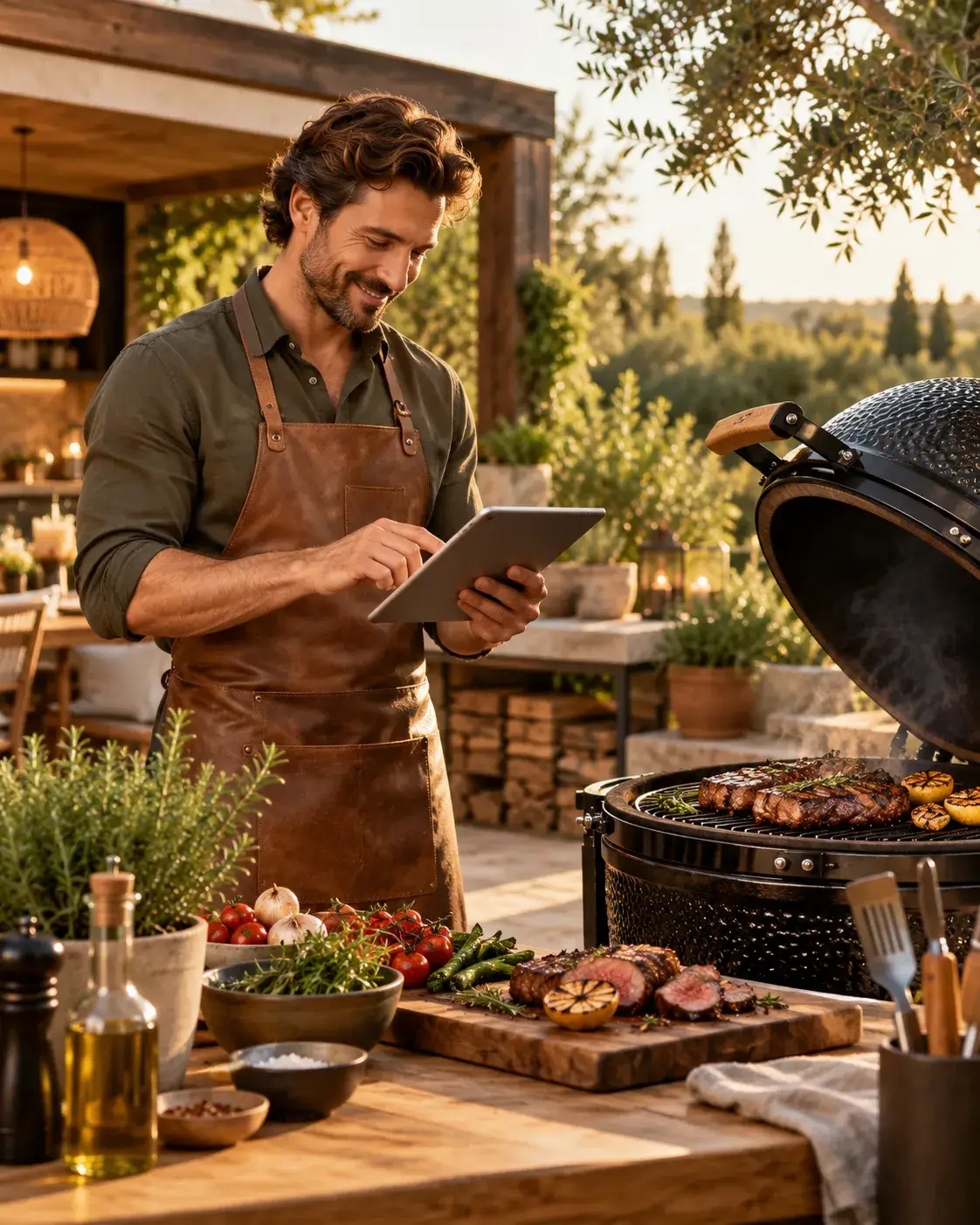 BBQ-liefhebber met tablet bij een keramische barbecue tijdens het buiten koken voor BBQ Expert